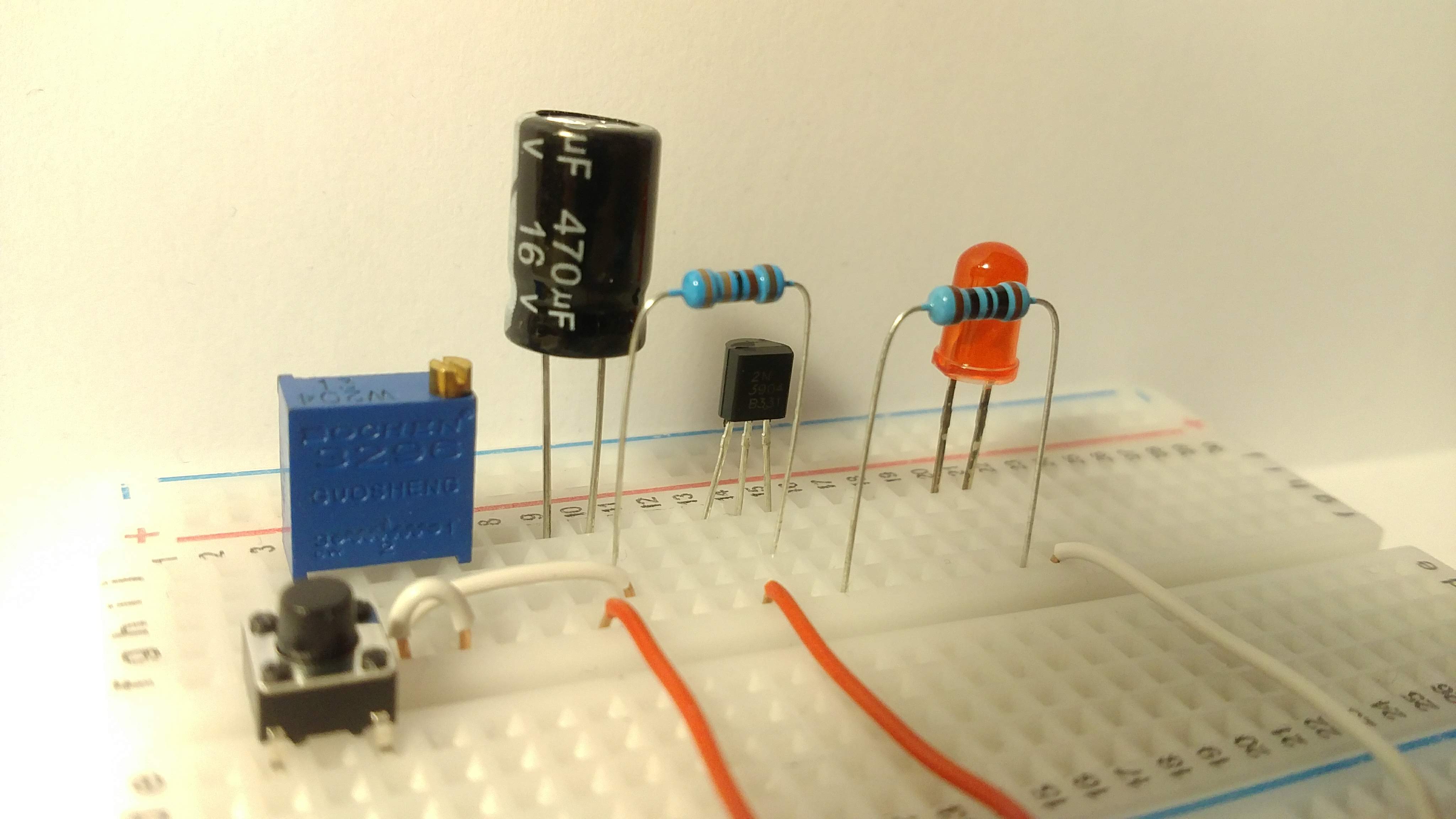 Transistor delay circuit on a breadboard