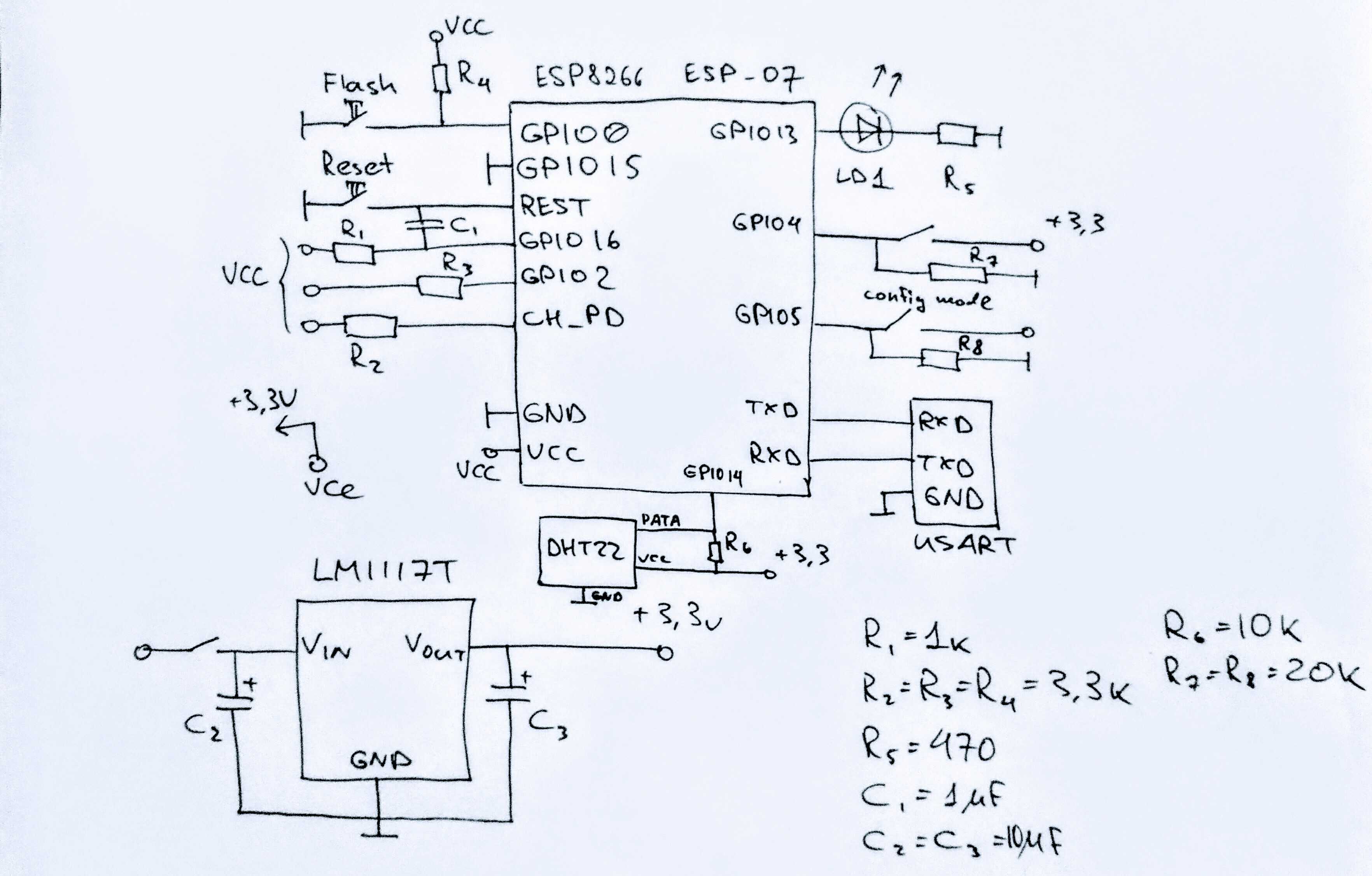 Схема включения ESP8266 ESP-07 и DHT22