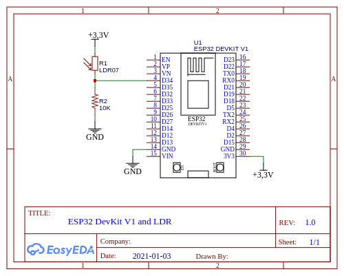 A circuit for connecting a photoresistor (LDR) with ESP32 board